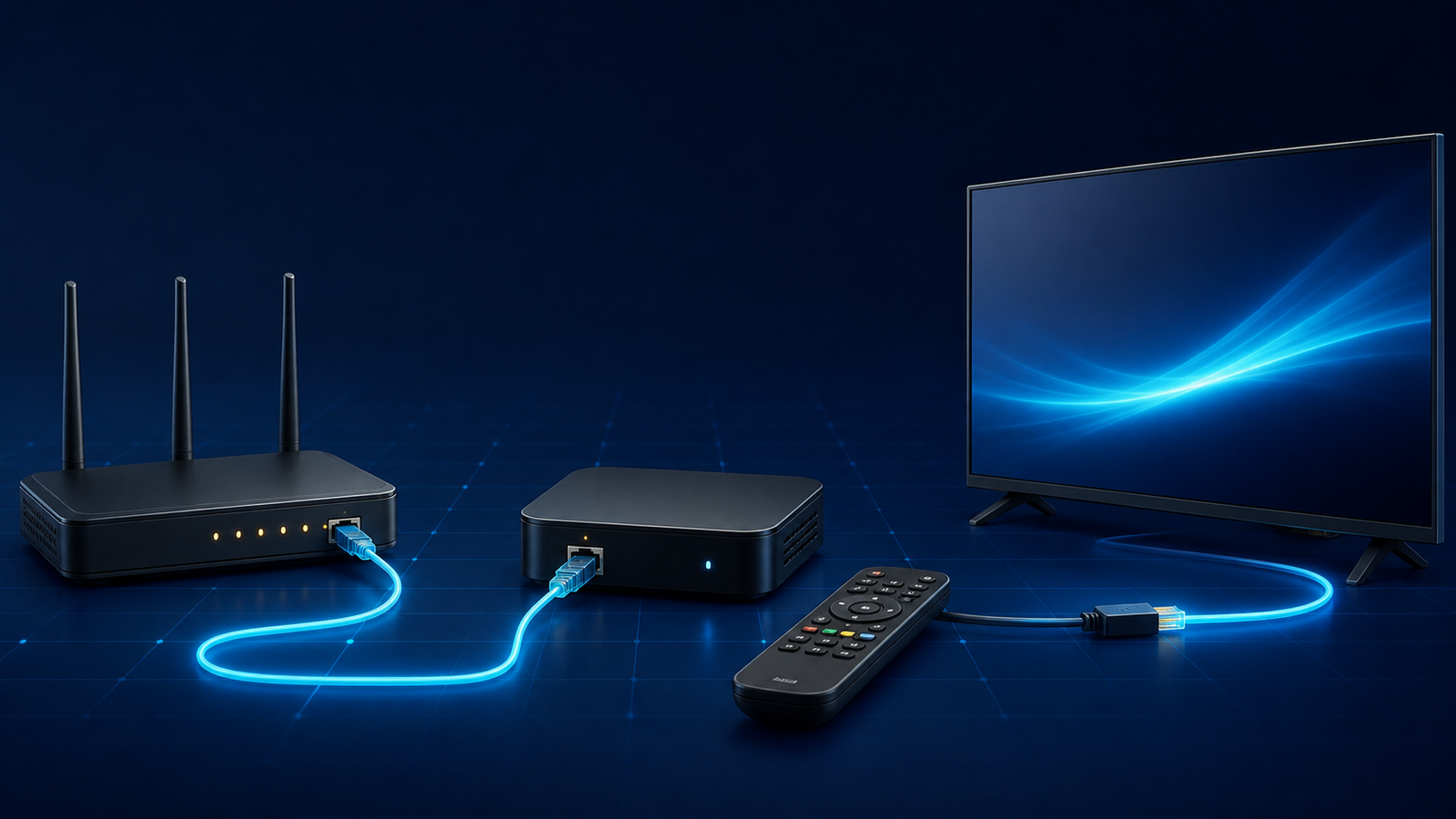 NextIPTV kurulumu için modem, alıcı kutusu, Ethernet bağlantısı ve televizyon